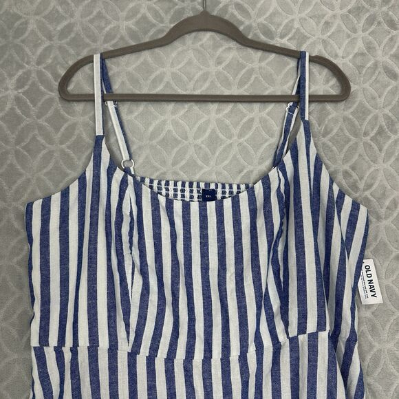 Old Navy Fit & Flare Linen Blend Mini Dress XXL Blue White Stripe Smocked Summer - Picture 3 of 14